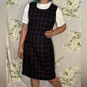 90s vintage deadstock black purple plaid wool sleeveless sheath style midi dress